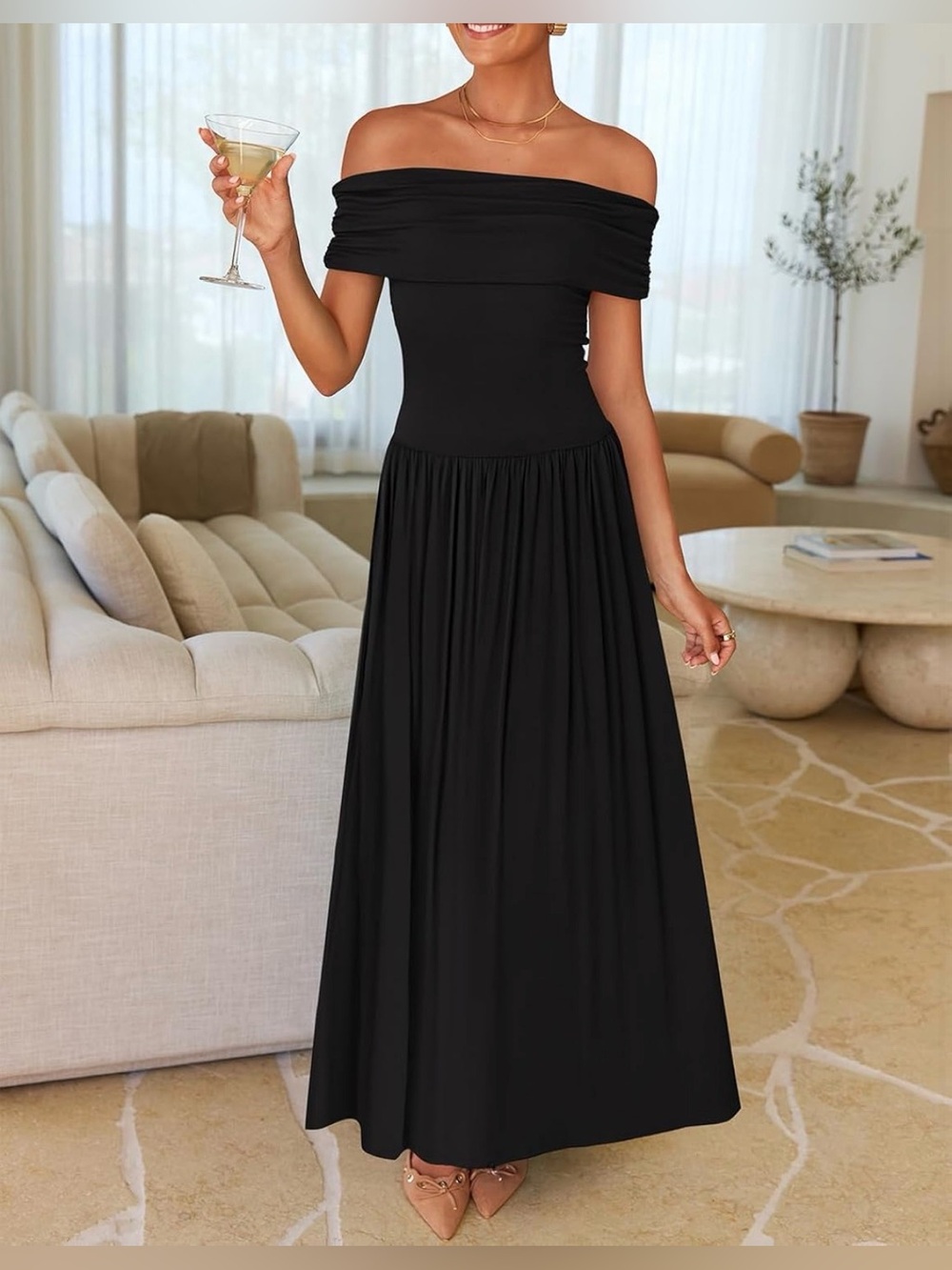 Off-Shoulder Black Maxi Dress - Elegant Women’s Evening Dress